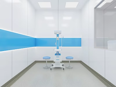 Hospital Outpatient Clinic With White Blue Walls Medical Trolley Blue Stools White Cabinets Ceiling Lights 3d model