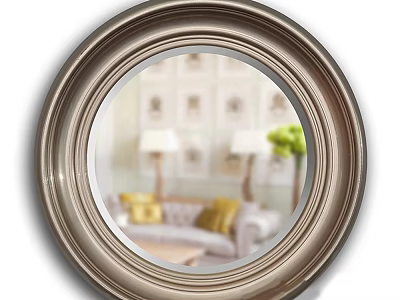 Round Metal Framed Mirror Reflecting Living Room Sofa Lamps Wall Art And Green Plant 3d model