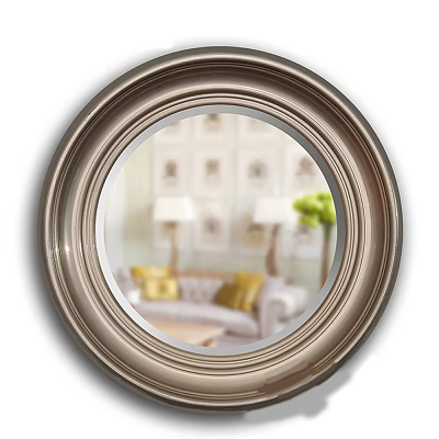 Round Metal Framed Mirror Reflecting Living Room Sofa Lamps Wall Art And Green Plant 3d model