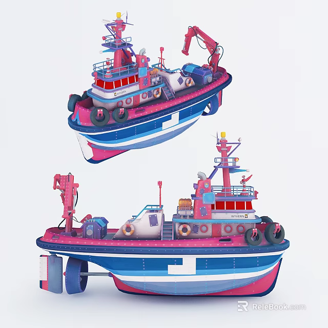 Two Wooden Boats With Blue Pink And White Hulls Lifebuoys And Cranes 3d model 