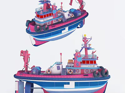 Two Wooden Boats With Blue Pink And White Hulls Lifebuoys And Cranes 3d model