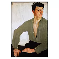Portrait of Male Figure in Green Shirt Sitting in Oil Painting Artwork