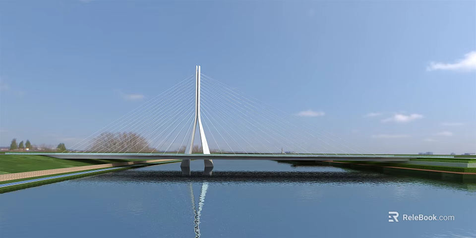 Cable Stayed Landscape Bridge With White Pylon Cables And Water Reflection Under Blue Sky 3d model 