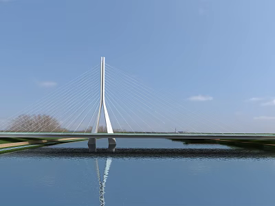 Cable Stayed Landscape Bridge With White Pylon Cables And Water Reflection Under Blue Sky 3d model