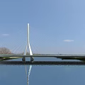 Cable Stayed Landscape Bridge With White Pylon Cables And Water Reflection Under Blue Sky 3d model