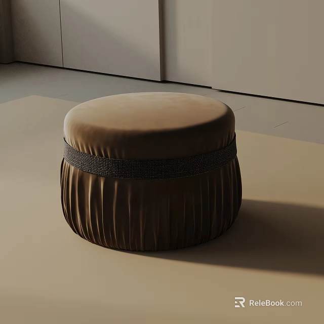 Round Brown Velvet Side Table With Pleated Design And Braided Band For Minimalist Indoor 3d model 