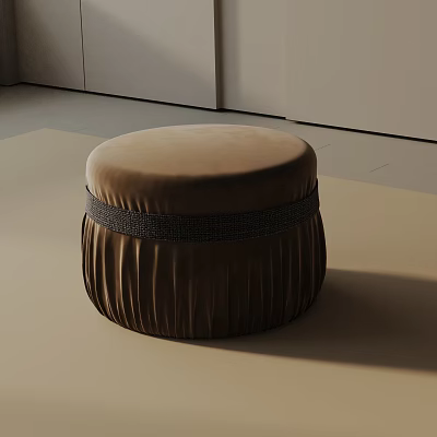 Round Brown Velvet Side Table With Pleated Design And Braided Band For Minimalist Indoor 3d model