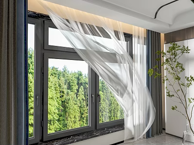 White Sheer Curtains And Dark Drapes For Window With Green Forest View In Modern Interior 3d model