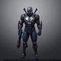 Futuristic Cybernetic Armor Character With Blue Red Glowing Lines Spider Skull Chest Emblem And Weapon