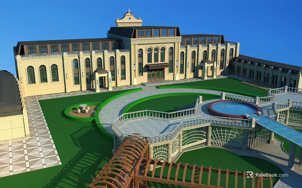 Elegant Hotel Building With Classical Design Courtyard Fountain And Landscaped Gardens 3d model 