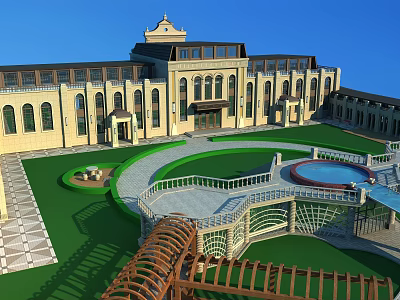 Elegant Hotel Building With Classical Design Courtyard Fountain And Landscaped Gardens 3d model