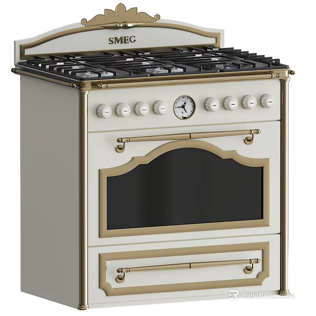 Vintage Cream Smeg Range Cooker With Gold Accents Clock And Control Knobs 3d model