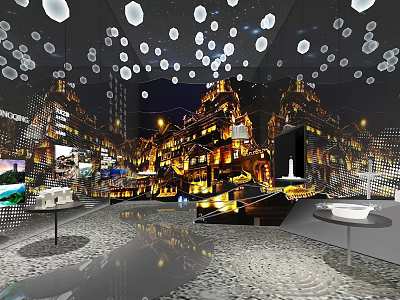 Futuristic Exhibition Hall With Suspended Light Installations Mirror Walls And Display Tables 3d model