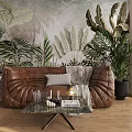 Leather Lazy Sofa With Ruched Design In Room With Tropical Plant Mural And Green Plants