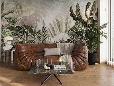 Leather Lazy Sofa With Ruched Design In Room With Tropical Plant Mural And Green Plants 3d model