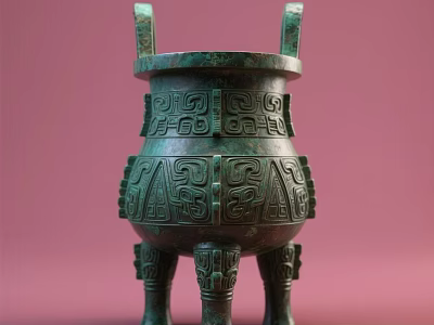 Ancient Style Bronze Ornament Decorative Statue With Intricate Carvings Double Handles And Three Legs 3d model