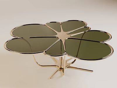 Petal Shaped Coffee Table With Golden Metal Frame And Dark Glass Top 3d model