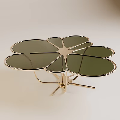 Petal Shaped Coffee Table With Golden Metal Frame And Dark Glass Top 3d model
