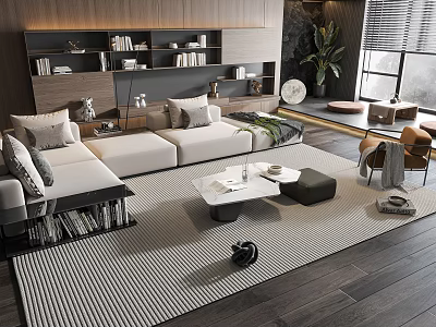 Modern Living Room Sofa Coffee Table Set With Striped Rug Bookshelf And Plants 3d model