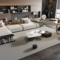 Modern Living Room Sofa Coffee Table Set With Striped Rug Bookshelf And Plants