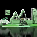 Green Exhibition Booth Design With Curved Structure Plant Elements And Text Logos 3d model