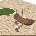 Outdoor Wooden Ship Shaped Playground Equipment With Slide In Sand Area And Round Grass Patch