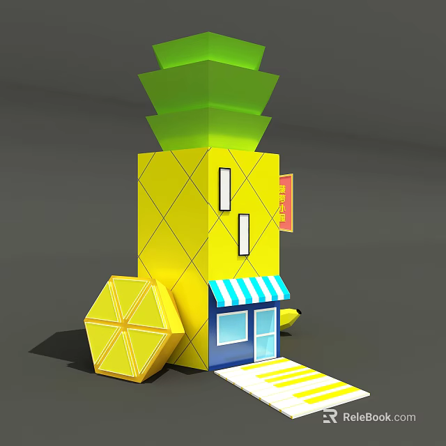 Yellow Cartoon Style Building With Green Top Blue White Striped Awning And Octagonal Structure 3d model 