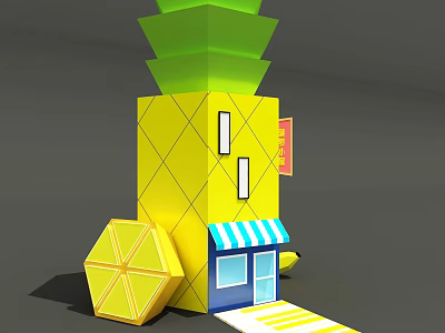 Yellow Cartoon Style Building With Green Top Blue White Striped Awning And Octagonal Structure 3d model
