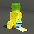 Yellow Cartoon Style Building With Green Top Blue White Striped Awning And Octagonal Structure