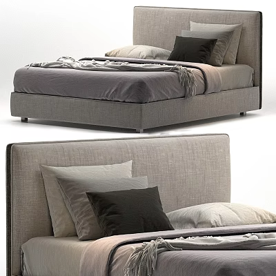 Modern Gray Upholstered Double Bed With Black And Light Pillows And Layered Blanket 3d model