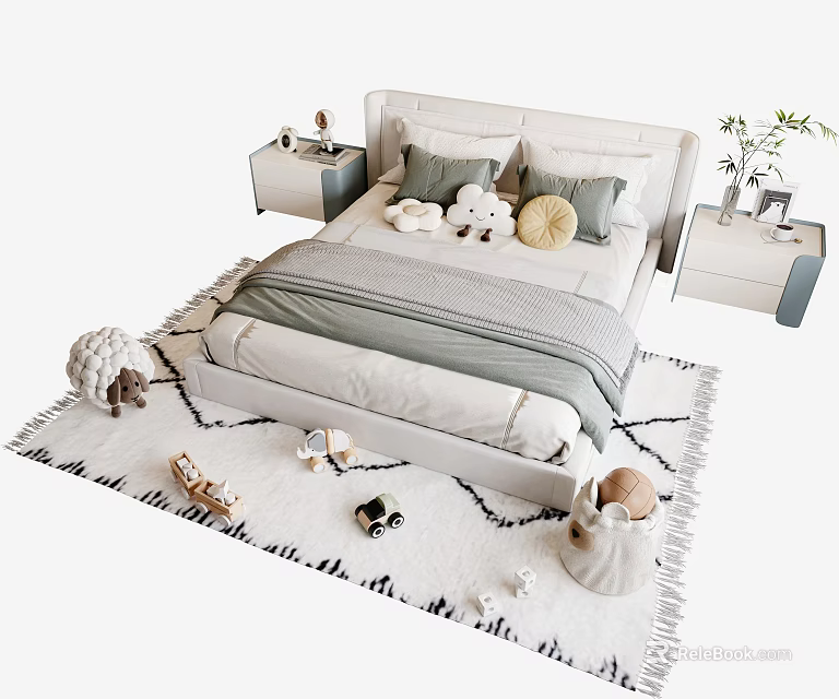 Kids Bed With Soft Pillows Gray Blanket Stuffed Animals And Toy Cars On Patterned Rug 3d model 