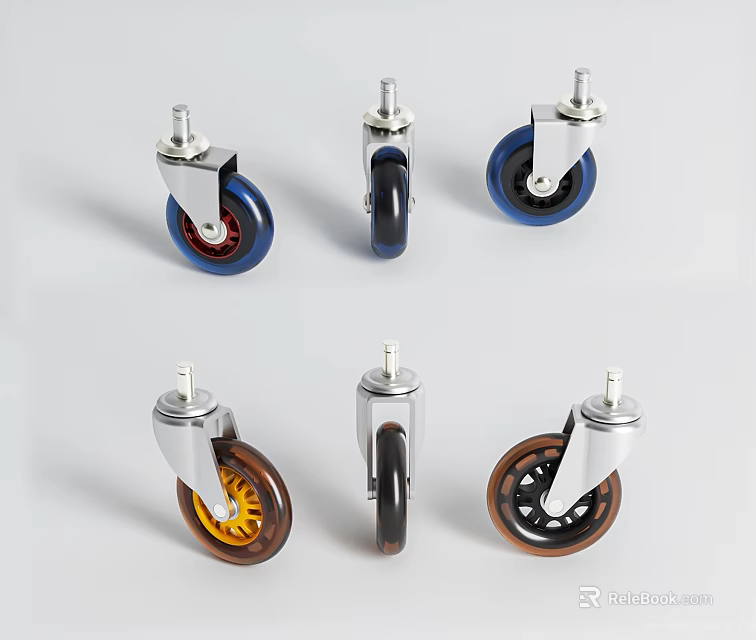 Various Wheels Featuring Diverse Colors Unique Designs And Silver Metal Brackets 3d model