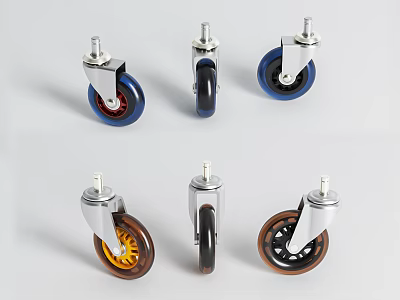 Various Wheels Featuring Diverse Colors Unique Designs And Silver Metal Brackets 3d model