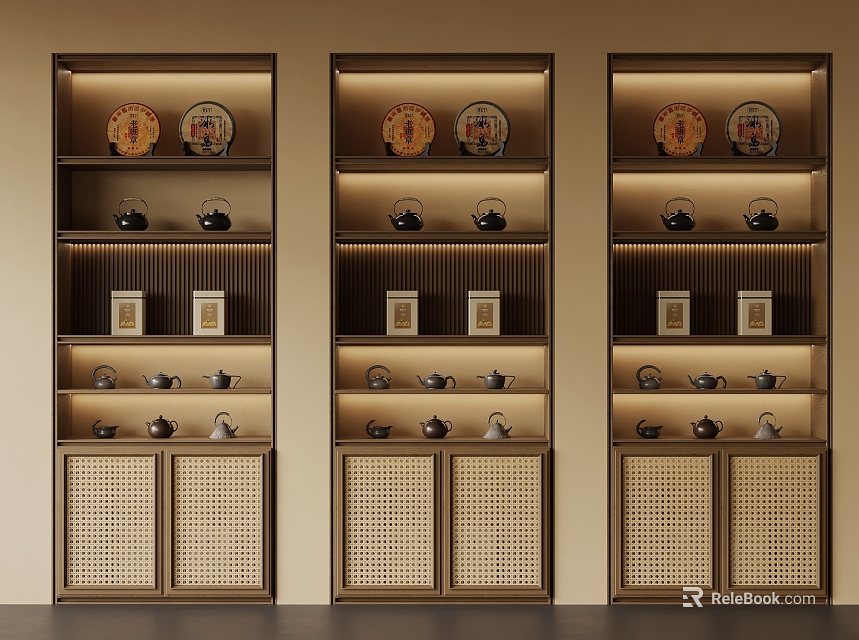 Traditional Chinese Style Display Cabinets with Decorative Plates And Teapots Featuring Lattice Doors And Shelves 3d model 