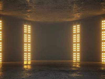 Cartoon Scene with Gray Walls Dark Glossy Floor Neatly Arranged Yellow Lights and Light Reflections 3d model