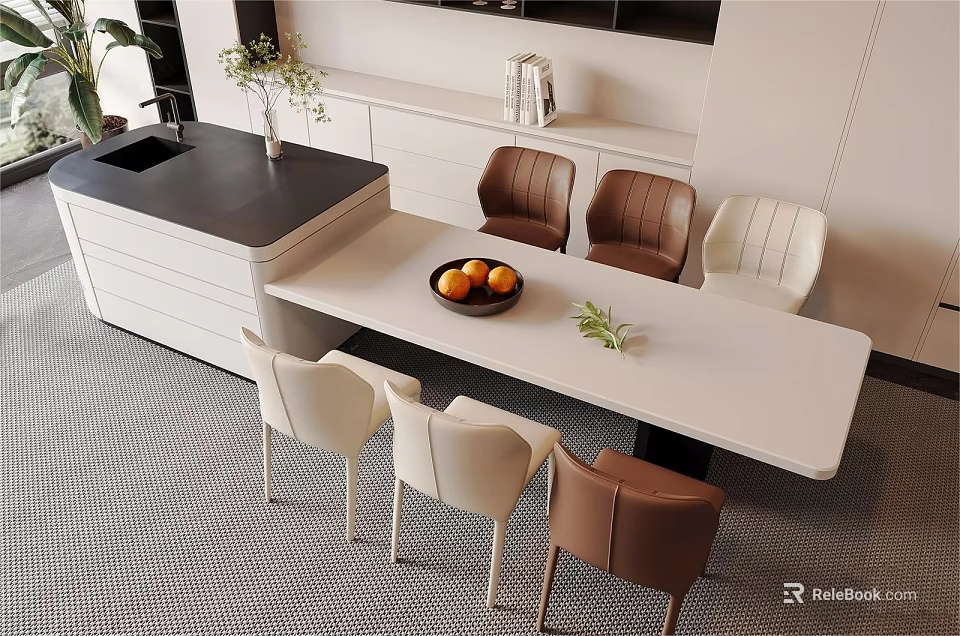 Modern Dining Table Set With White Top Brown And White Chairs And Fruit Decor 3d model 