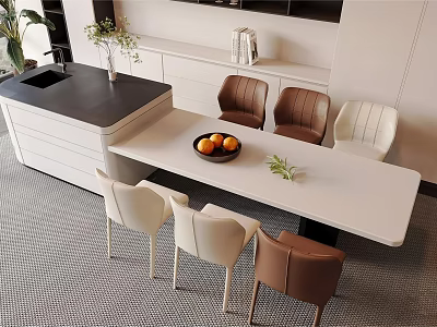 Modern Dining Table Set With White Top Brown And White Chairs And Fruit Decor 3d model