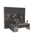 Modern Office Desk And Chair Set With Wooden Bookshelf And Decorative Books