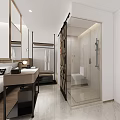 Modern Hotel Room Interior With Comfortable Bed Green Chair Grey Sofa And Decorative Wall