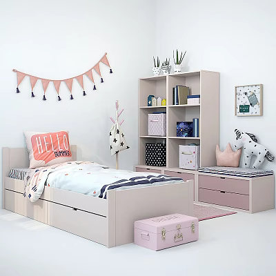 White Children's Bed With Hello Pillow Striped Bedding Storage Shelf And Unicorn Plush 3d model