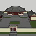 Ancient Traditional Architecture Courtyard With Red Pillars Stone Pavement And Green Plants