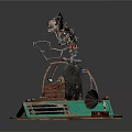 Steampunk Mechanical Device With Multiple Metal Arms Skull Top And Wooden Platform