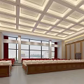 Modern Conference Room With Large Screen Arranged Seats Wooden Walls And Ceiling Design