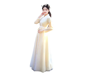 Woman In Traditional Yellow Hanfu Dress With Elegant Hair Accessories 3d model