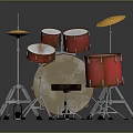 Red Drum Set With Snare Tom Tom Bass Drums And Yellow Cymbals On Stands