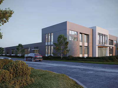 Industrial Factory Building With Gray White Exterior Large Glass Windows Greenery Road And Parked Car 3d model
