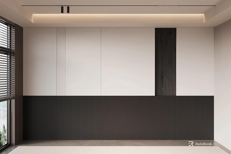 Modern Luxury Bed Background Wall With White Panels And Dark Vertical Stripes 3d model