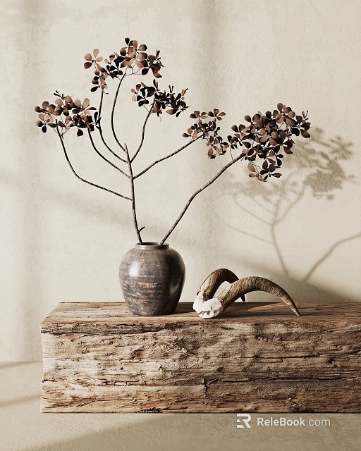 Rustic Clay Pot Vase with Branches and Brown Leaves on Wooden Tabletop Light Background Shadows 3d model 