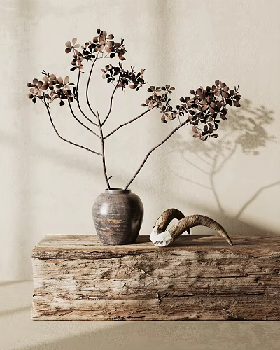 Rustic Clay Pot Vase with Branches and Brown Leaves on Wooden Tabletop Light Background Shadows 3d model