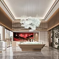 Elegant Modern Sales Office Interior With Artistic Chandelier Reception Desk And Floor Plan